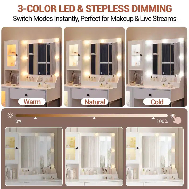 Coiffeuse avec miroir, 3 modes d'éclairage, prises et ports USB intégrés, tiroirs spacieux et meuble de rangement, table de maquillage pour chambre à coucher