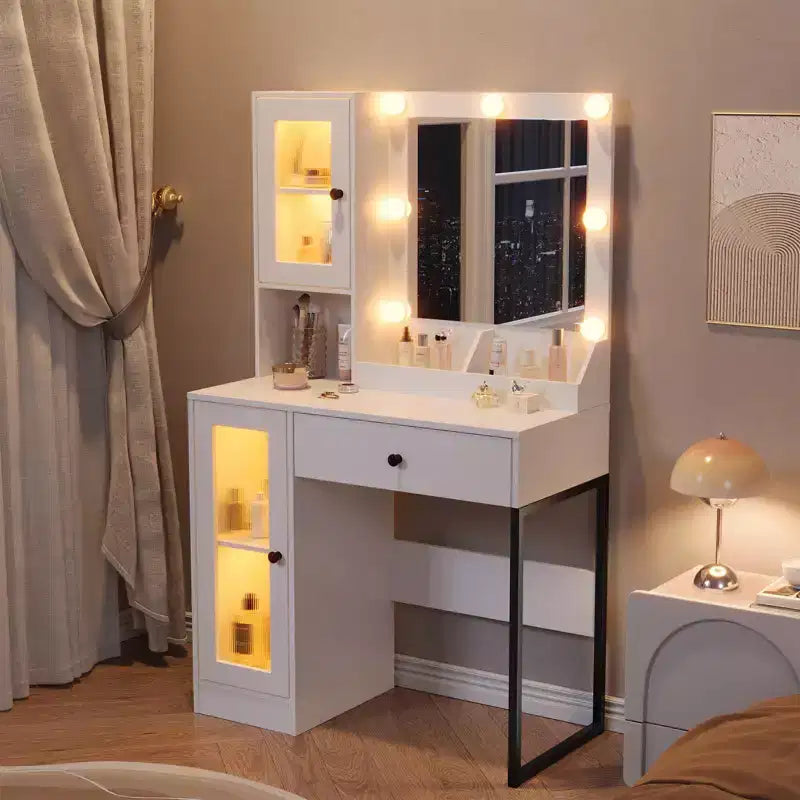 Coiffeuse avec miroir, 3 modes d'éclairage, prises et ports USB intégrés, tiroirs spacieux et meuble de rangement, table de maquillage pour chambre à coucher