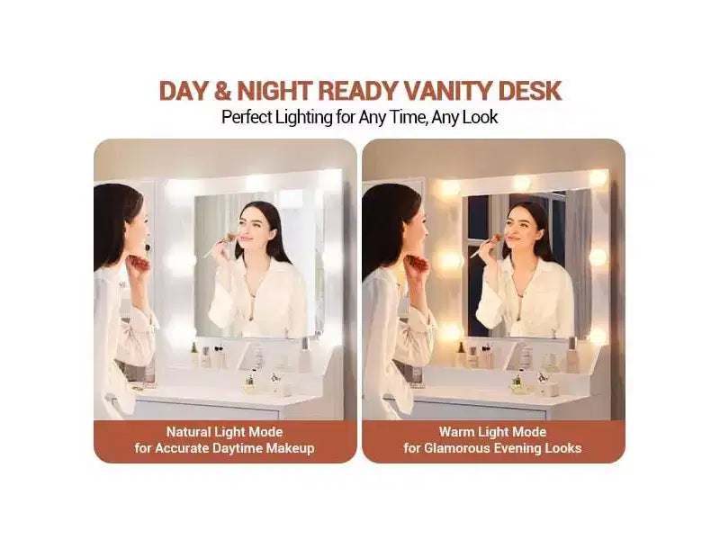 Coiffeuse avec miroir, 3 modes d'éclairage, prises et ports USB intégrés, tiroirs spacieux et meuble de rangement, table de maquillage pour chambre à coucher