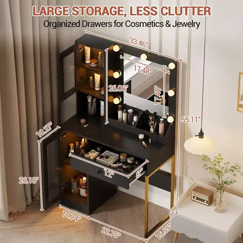 Coiffeuse avec miroir, 3 modes d'éclairage, prises et ports USB intégrés, tiroirs spacieux et meuble de rangement, table de maquillage pour chambre à coucher