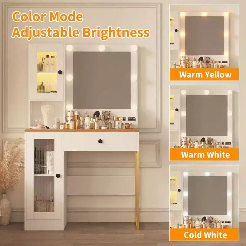 Coiffeuse avec miroir, 3 modes d'éclairage, prises et ports USB intégrés, tiroirs spacieux et meuble de rangement, table de maquillage pour chambre à coucher