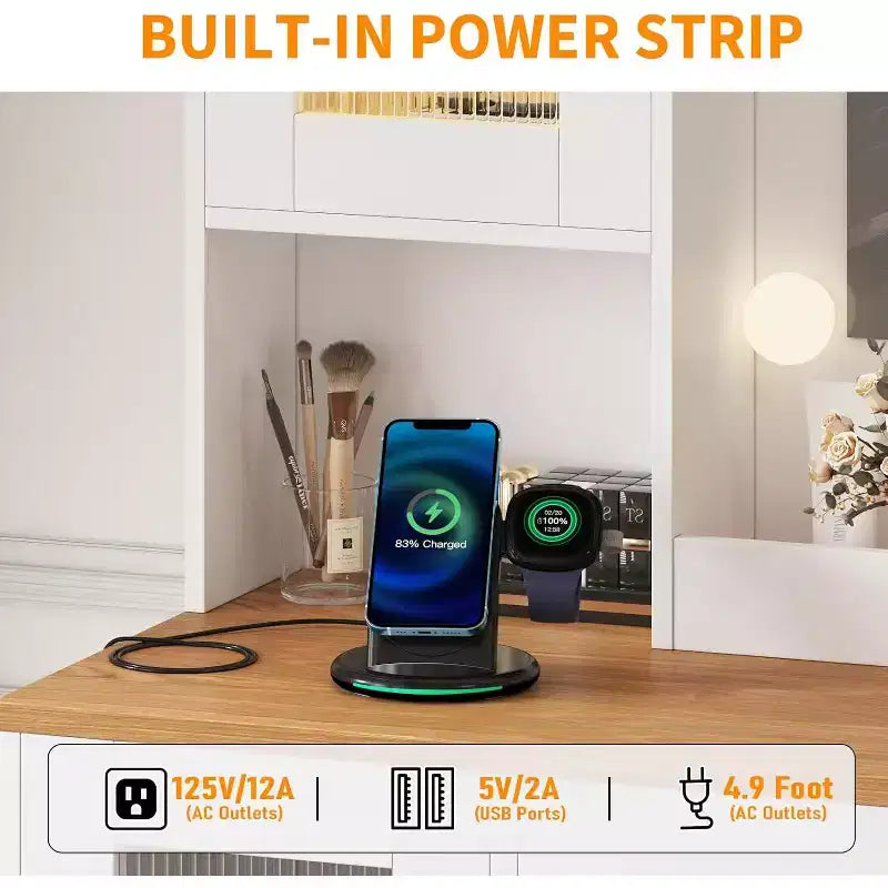 Coiffeuse avec miroir, 3 modes d'éclairage, prises et ports USB intégrés, tiroirs spacieux et meuble de rangement, table de maquillage pour chambre à coucher