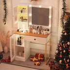 Coiffeuse avec miroir, 3 modes d'éclairage, prises et ports USB intégrés, tiroirs spacieux et meuble de rangement, table de maquillage pour chambre à coucher