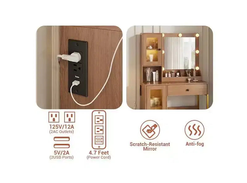 Coiffeuse avec miroir, 3 modes d'éclairage, prises et ports USB intégrés, tiroirs spacieux et meuble de rangement, table de maquillage pour chambre à coucher