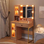 Coiffeuse avec miroir, 3 modes d'éclairage, prises et ports USB intégrés, tiroirs spacieux et meuble de rangement, table de maquillage pour chambre à coucher
