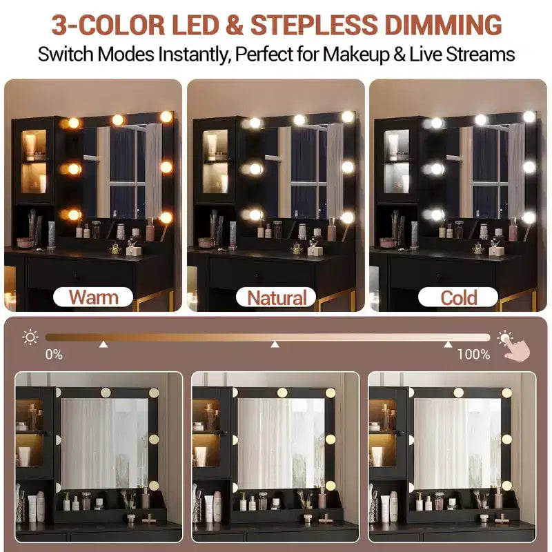 Coiffeuse avec miroir, 3 modes d'éclairage, prises et ports USB intégrés, tiroirs spacieux et meuble de rangement, table de maquillage pour chambre à coucher