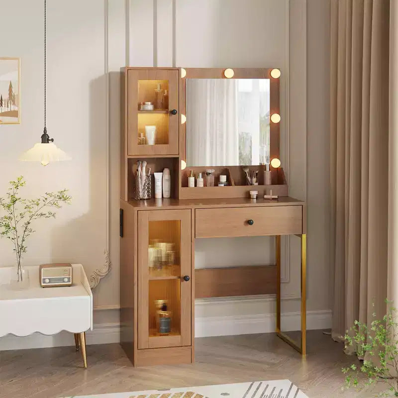 Coiffeuse avec miroir, 3 modes d'éclairage, prises et ports USB intégrés, tiroirs spacieux et meuble de rangement, table de maquillage pour chambre à coucher