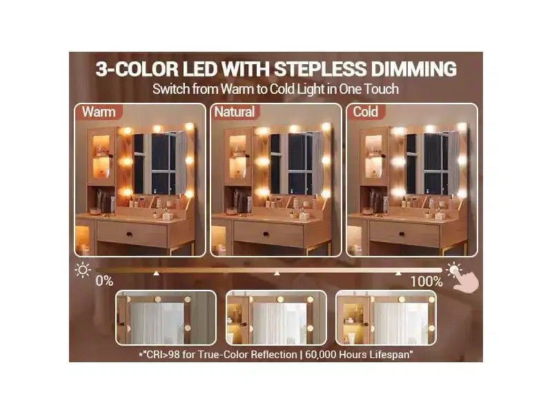 Coiffeuse avec miroir, 3 modes d'éclairage, prises et ports USB intégrés, tiroirs spacieux et meuble de rangement, table de maquillage pour chambre à coucher