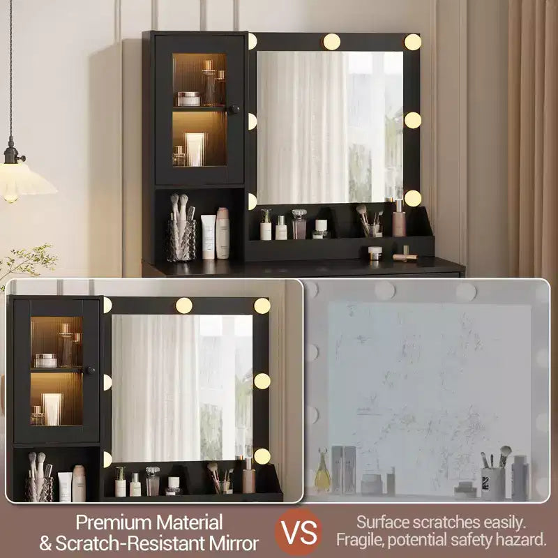 Coiffeuse avec miroir, 3 modes d'éclairage, prises et ports USB intégrés, tiroirs spacieux et meuble de rangement, table de maquillage pour chambre à coucher