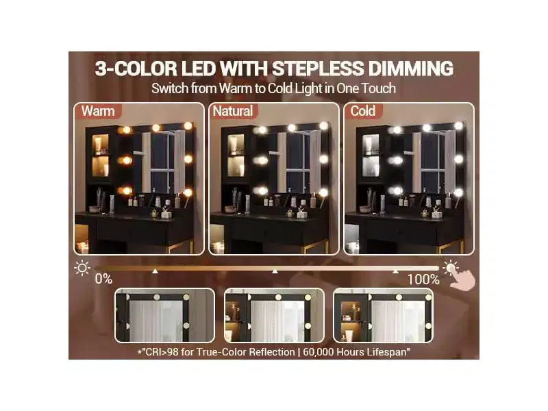 Coiffeuse avec miroir, 3 modes d'éclairage, prises et ports USB intégrés, tiroirs spacieux et meuble de rangement, table de maquillage pour chambre à coucher