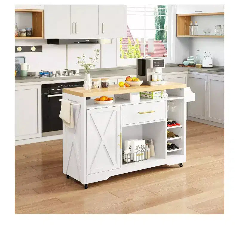 Chariot de service avec îlot de cuisine roulant de 53 pouces, meuble de rangement avec prise électrique, porte-verres et étagère à épices, blanc