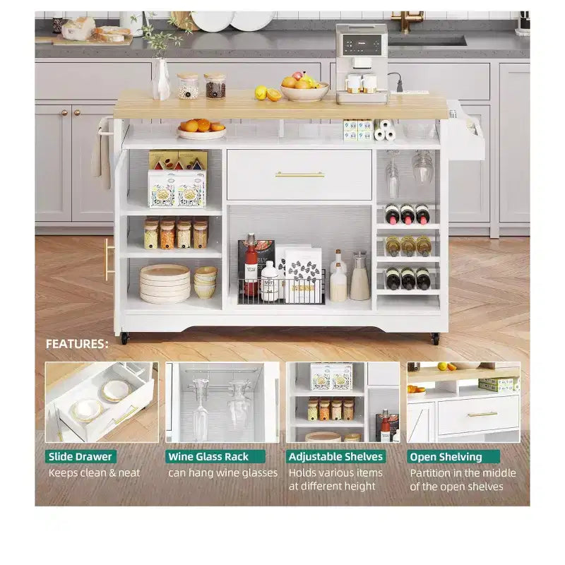 Chariot de service avec îlot de cuisine roulant de 53 pouces, meuble de rangement avec prise électrique, porte-verres et étagère à épices, blanc