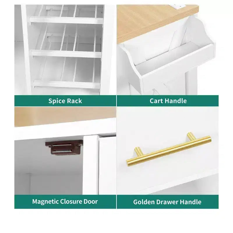 Chariot de service avec îlot de cuisine roulant de 53 pouces, meuble de rangement avec prise électrique, porte-verres et étagère à épices, blanc