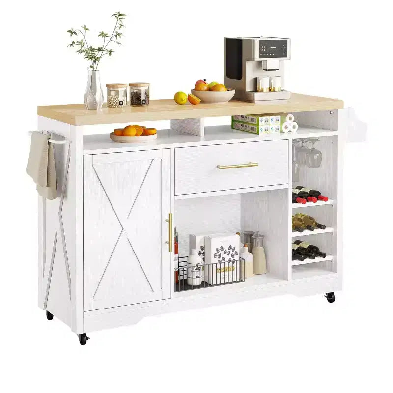 Chariot de service avec îlot de cuisine roulant de 53 pouces, meuble de rangement avec prise électrique, porte-verres et étagère à épices, blanc