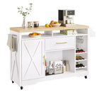 Chariot de service avec îlot de cuisine roulant de 53 pouces, meuble de rangement avec prise électrique, porte-verres et étagère à épices, blanc