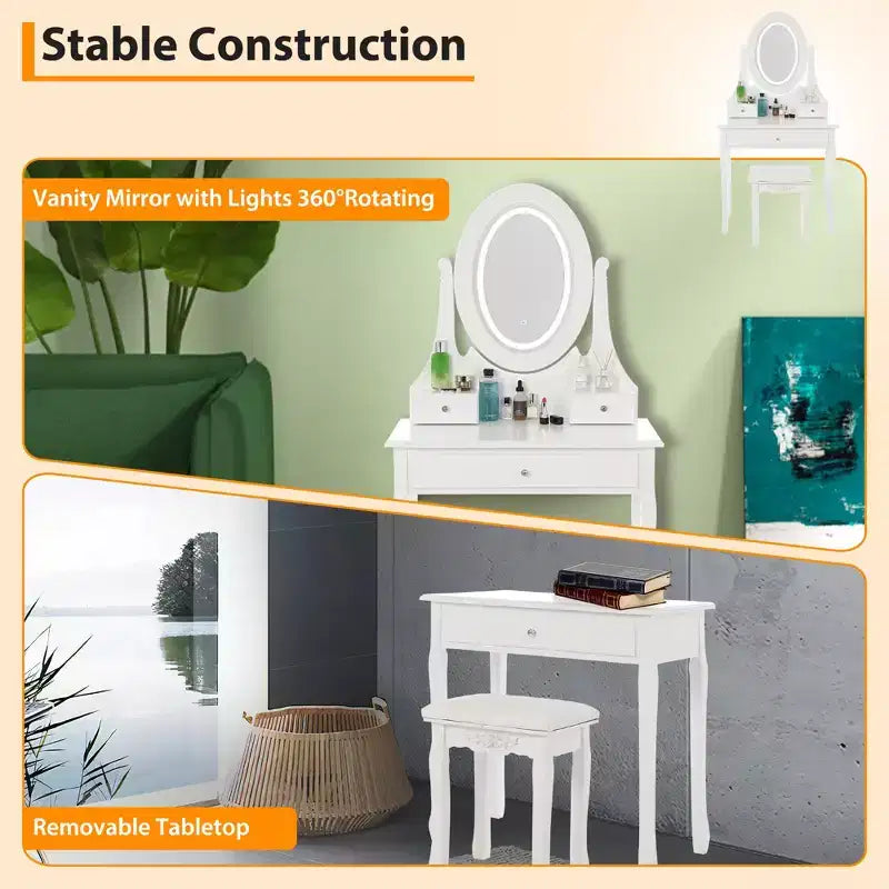 Coiffeuse avec miroir de maquillage éclairé par LED, dotée d'un tabouret rembourré, de 3 modes d'éclairage et de 3 tiroirs de rangement – parfaite pour la chambre à coucher.