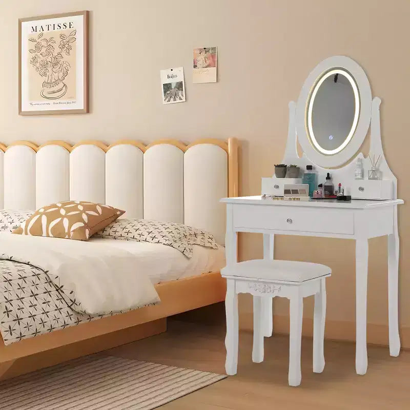 Coiffeuse avec miroir de maquillage éclairé par LED, dotée d'un tabouret rembourré, de 3 modes d'éclairage et de 3 tiroirs de rangement – parfaite pour la chambre à coucher.