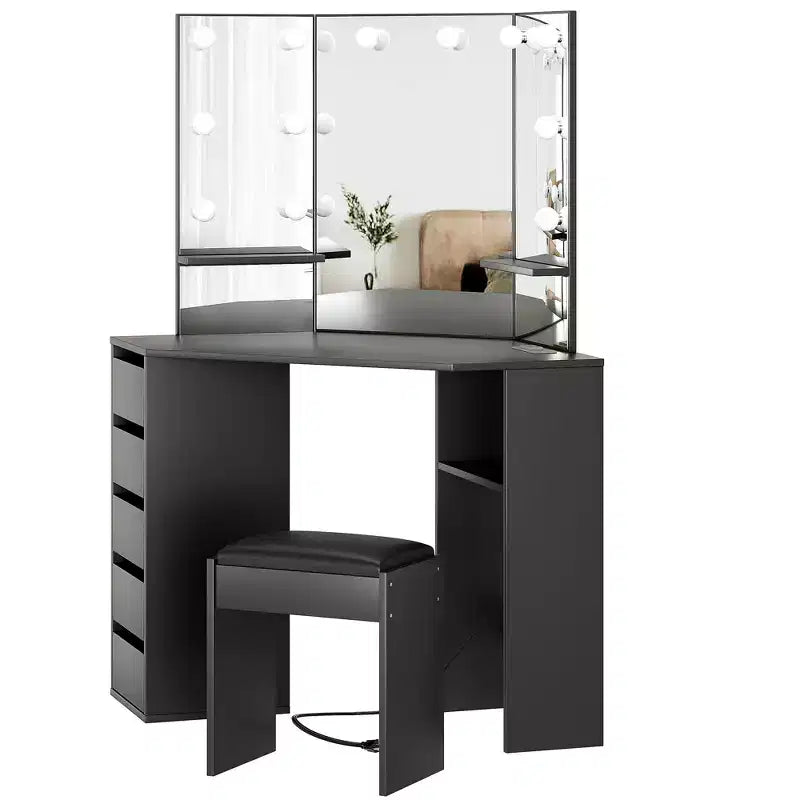 Corner vanity with mirror and lighting, featuring 3 adjustable light colors, 5 drawers, and storage shelves, complete with an LED-lit makeup table.