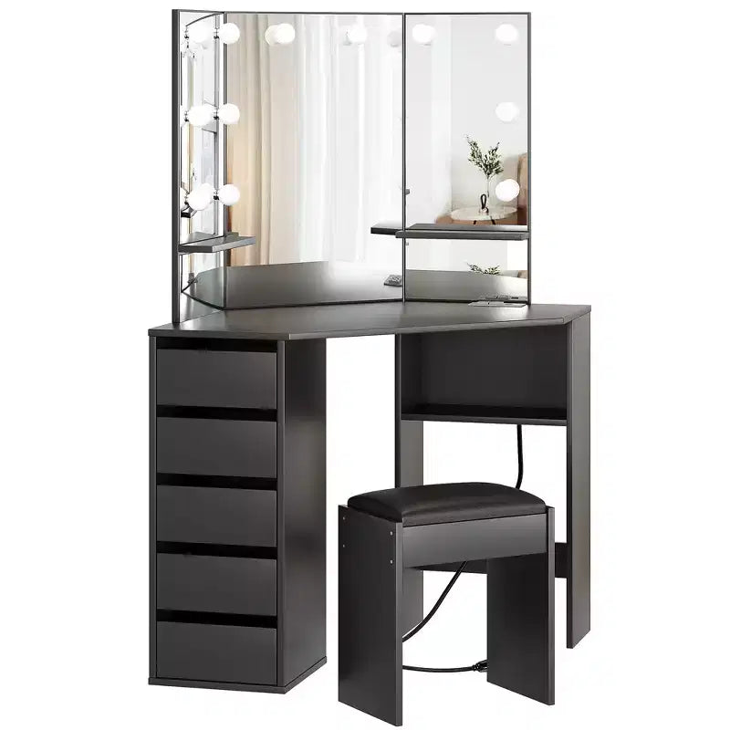 Meuble-lavabo d'angle avec miroir et éclairage, offrant 3 couleurs de lumière réglables, 5 tiroirs et des étagères de rangement, accompagné d'une coiffeuse à éclairage LED.