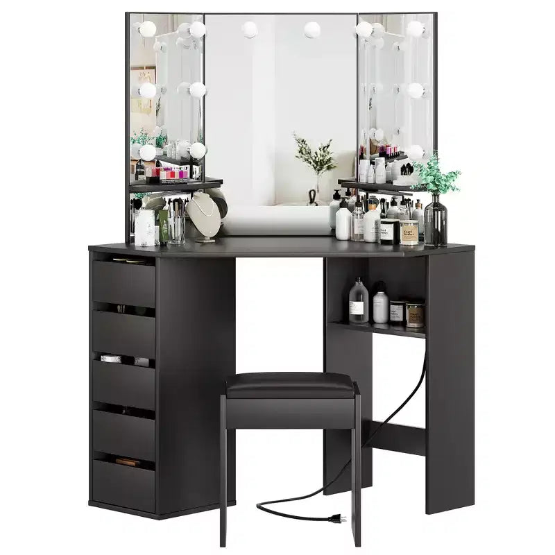 Meuble-lavabo d'angle avec miroir et éclairage, offrant 3 couleurs de lumière réglables, 5 tiroirs et des étagères de rangement, accompagné d'une coiffeuse à éclairage LED.