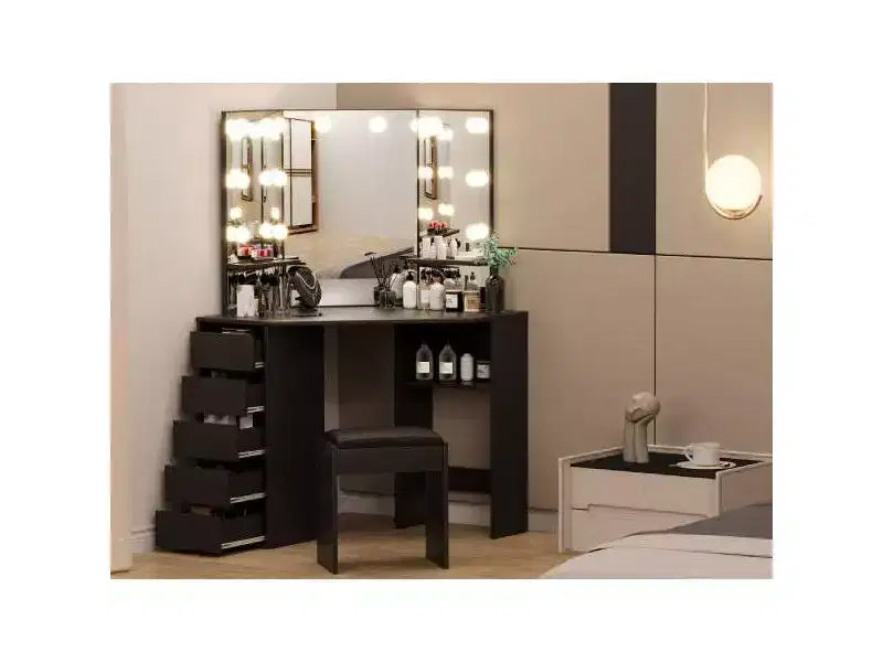 Meuble-lavabo d'angle avec miroir et éclairage, offrant 3 couleurs de lumière réglables, 5 tiroirs et des étagères de rangement, accompagné d'une coiffeuse à éclairage LED.