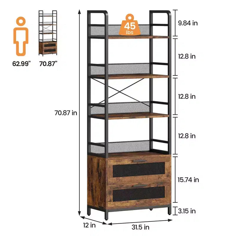 Étagère Industrielle à 4 Niveaux, Bibliothèque avec Tiroirs de Rangement, Présentoir de 180 cm de Haut, Bibliothèque de Ferme, Étagères Rustiques