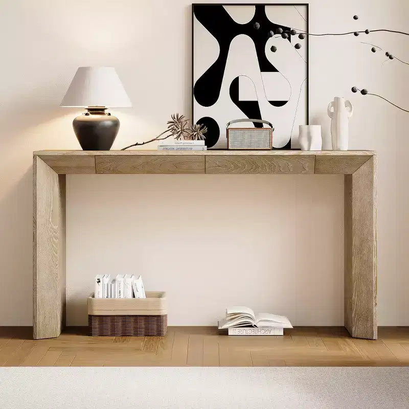 Console en Bois avec Tiroirs, Table d'Entrée à Pieds Épais, Table de Couloir Minimaliste avec Rangement