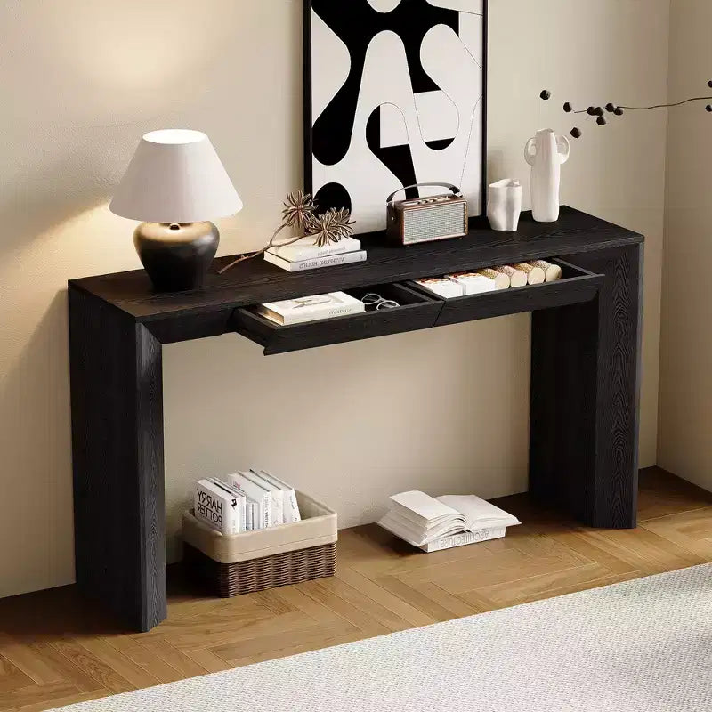 Console en Bois avec Tiroirs, Table d'Entrée à Pieds Épais, Table de Couloir Minimaliste avec Rangement