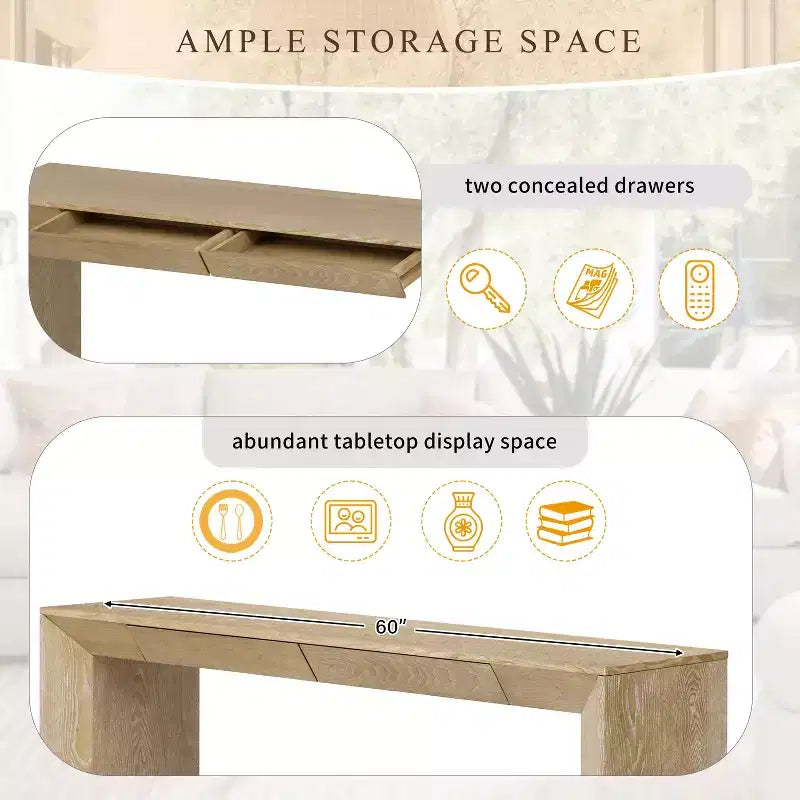 Console en Bois avec Tiroirs, Table d'Entrée à Pieds Épais, Table de Couloir Minimaliste avec Rangement