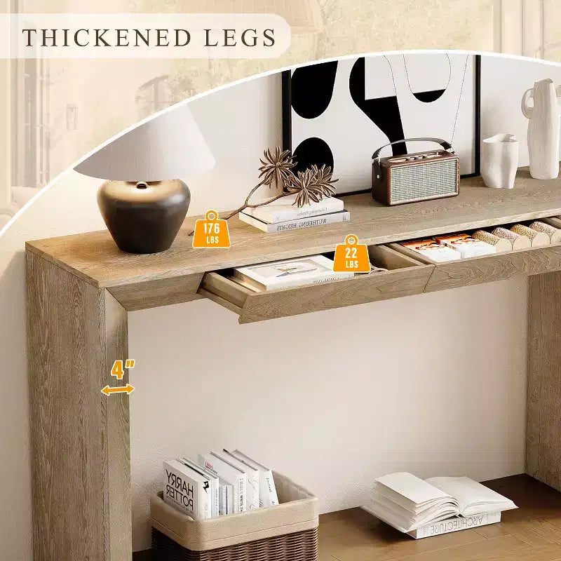 Console en Bois avec Tiroirs, Table d'Entrée à Pieds Épais, Table de Couloir Minimaliste avec Rangement