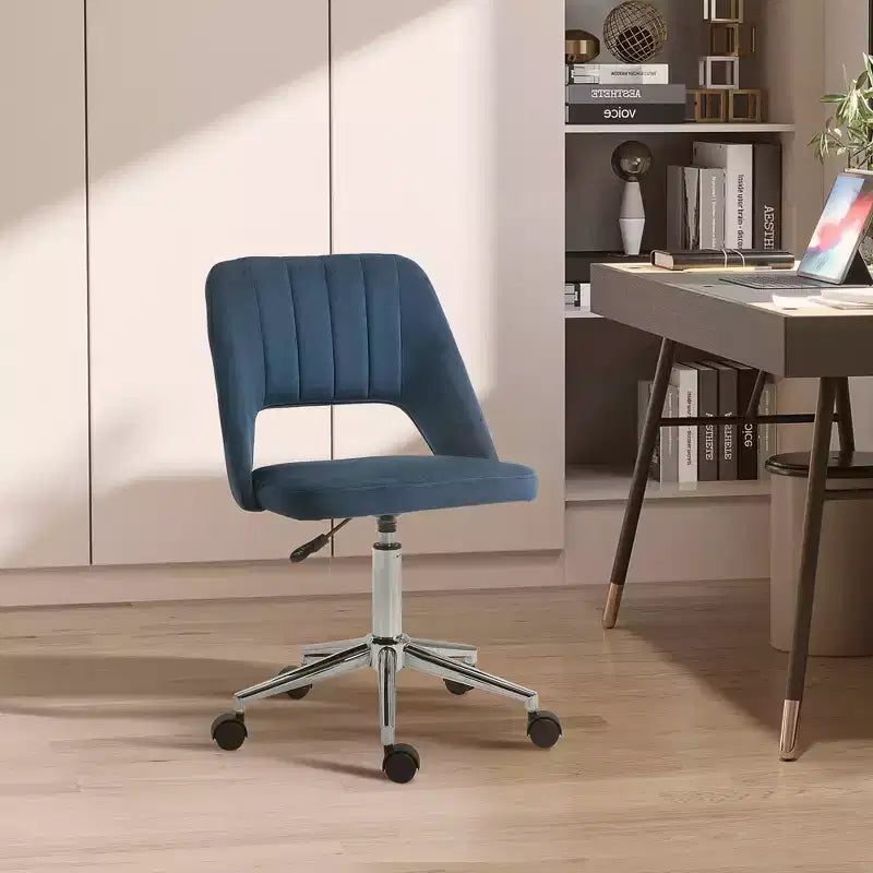 Chaise de bureau moderne à dossier mi-hauteur en velours, chaise d'ordinateur pivotante sans accoudoirs avec dossier ajouré pour bureau à domicile