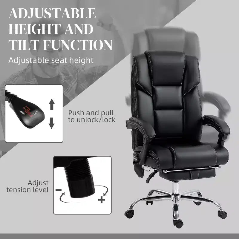 Fauteuil de bureau massant 6 points avec chauffage, en cuir PU, avec hauteur et inclinaison du dossier réglables