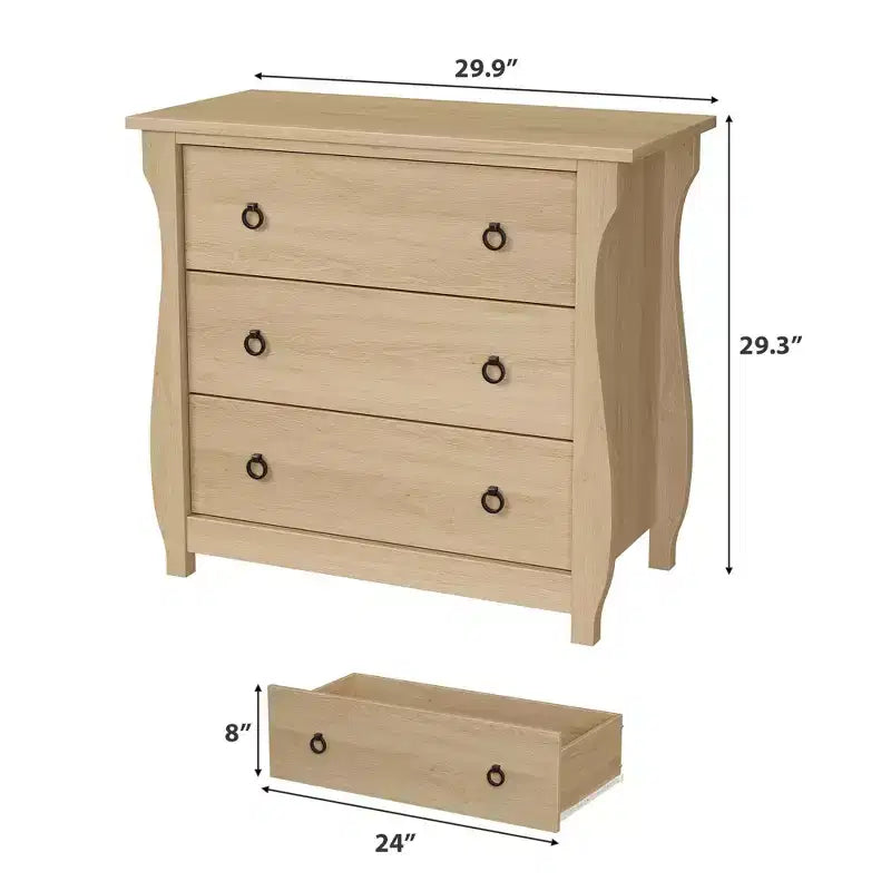Commode bohème 3 tiroirs avec pieds incurvés et accents en rotin - Armoire de rangement autonome pour chambre à coucher, salon, entrée ou balcon