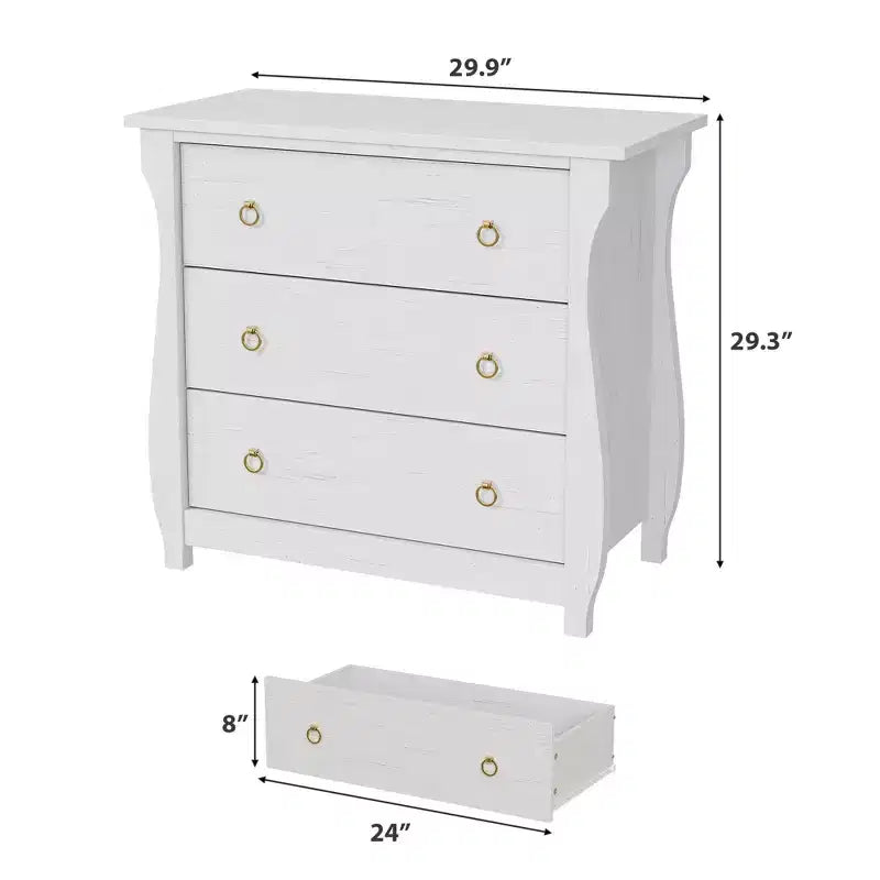 Commode bohème 3 tiroirs avec pieds incurvés et accents en rotin - Armoire de rangement autonome pour chambre à coucher, salon, entrée ou balcon