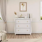 Commode bohème 3 tiroirs avec pieds incurvés et accents en rotin - Armoire de rangement autonome pour chambre à coucher, salon, entrée ou balcon