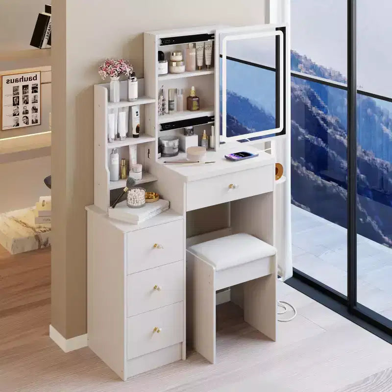 Okak 29.2IN Petite coiffeuse avec tabouret rembourré et support pour sèche-cheveux, coiffeuse avec station d'alimentation et interrupteur 3 couleurs, bureau de vanité