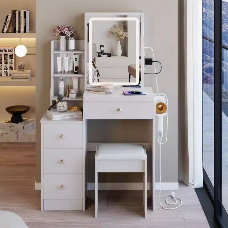 Okak 29.2IN Petite coiffeuse avec tabouret rembourré et support pour sèche-cheveux, coiffeuse avec station d'alimentation et interrupteur 3 couleurs, bureau de vanité