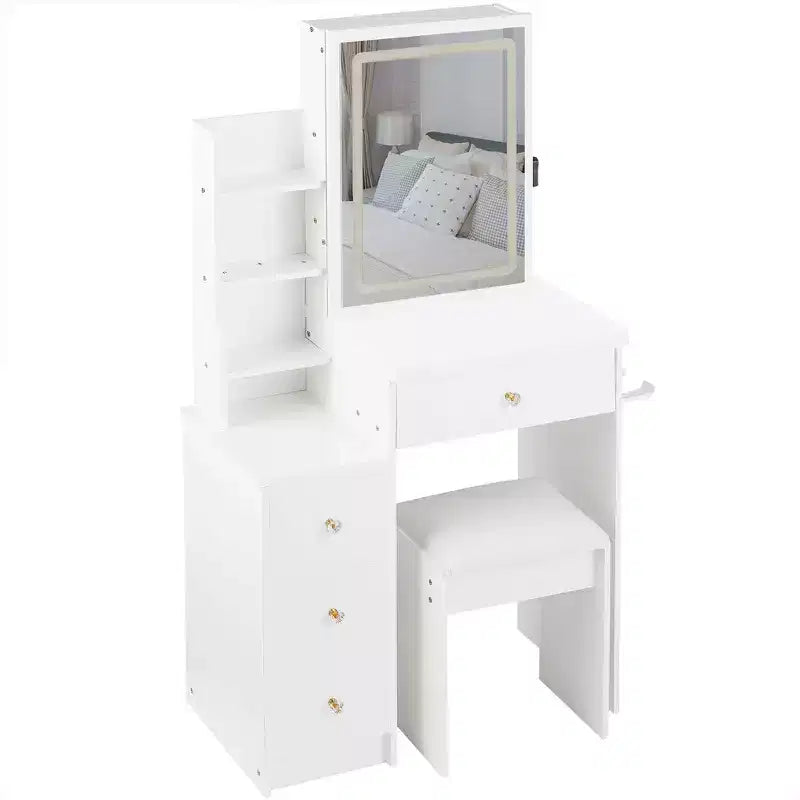Okak 29.2IN Petite coiffeuse avec tabouret rembourré et support pour sèche-cheveux, coiffeuse avec station d'alimentation et interrupteur 3 couleurs, bureau de vanité