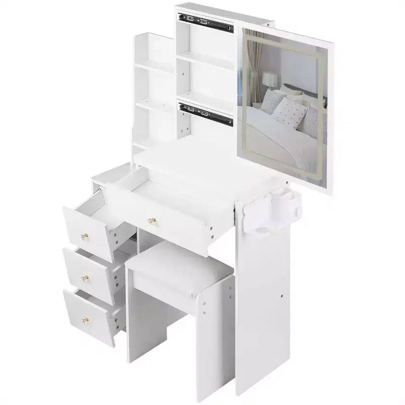 Okak 29.2IN Petite coiffeuse avec tabouret rembourré et support pour sèche-cheveux, coiffeuse avec station d'alimentation et interrupteur 3 couleurs, bureau de vanité