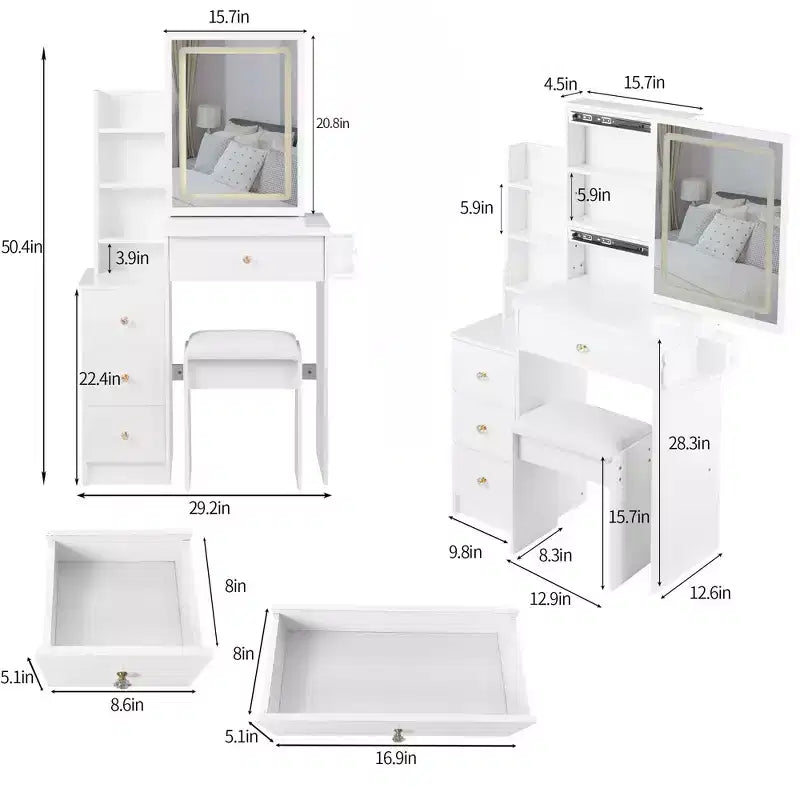 Okak 29.2IN Petite coiffeuse avec tabouret rembourré et support pour sèche-cheveux, coiffeuse avec station d'alimentation et interrupteur 3 couleurs, bureau de vanité