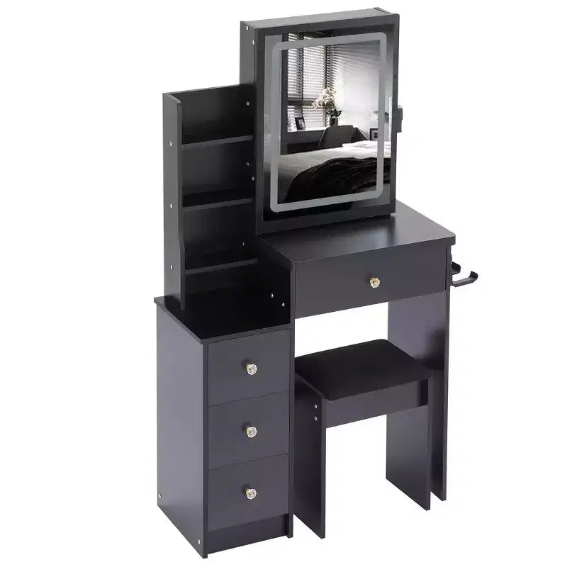 Okak 29.2IN Petite coiffeuse avec tabouret rembourré et support pour sèche-cheveux, coiffeuse avec station d'alimentation et interrupteur 3 couleurs, bureau de vanité