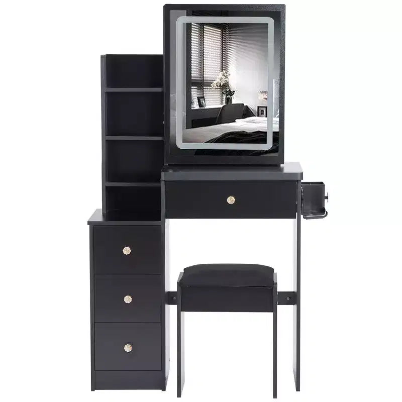 Okak 29.2IN Petite coiffeuse avec tabouret rembourré et support pour sèche-cheveux, coiffeuse avec station d'alimentation et interrupteur 3 couleurs, bureau de vanité