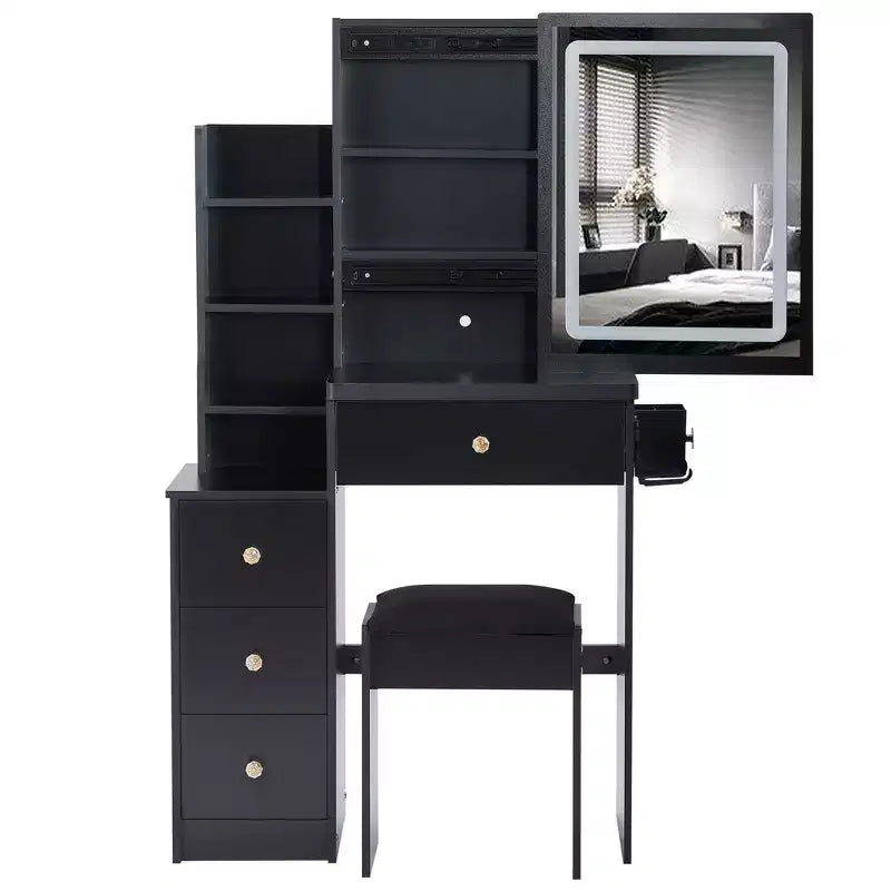 Okak 29.2IN Petite coiffeuse avec tabouret rembourré et support pour sèche-cheveux, coiffeuse avec station d'alimentation et interrupteur 3 couleurs, bureau de vanité