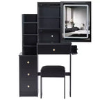 Okak 29.2IN Petite coiffeuse avec tabouret rembourré et support pour sèche-cheveux, coiffeuse avec station d'alimentation et interrupteur 3 couleurs, bureau de vanité