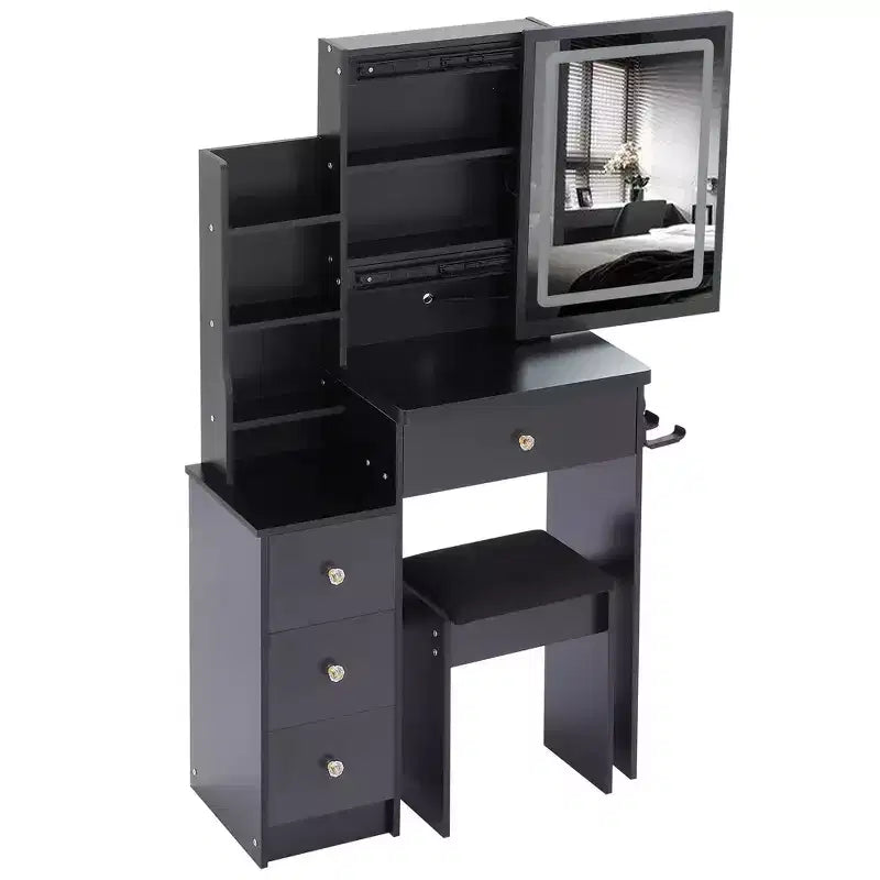 Okak 29.2IN Petite coiffeuse avec tabouret rembourré et support pour sèche-cheveux, coiffeuse avec station d'alimentation et interrupteur 3 couleurs, bureau de vanité