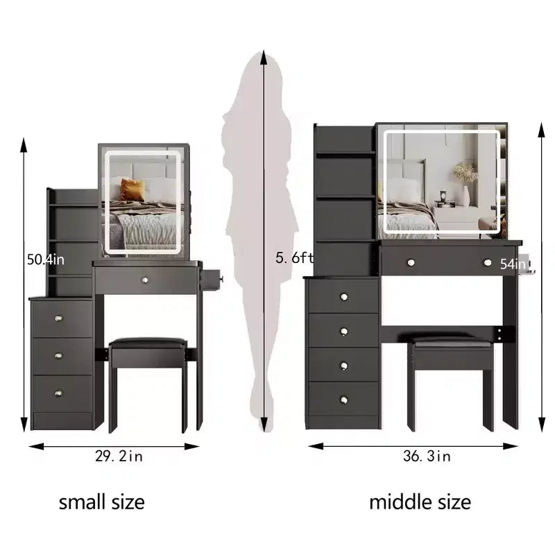 Okak 29.2IN Petite coiffeuse avec tabouret rembourré et support pour sèche-cheveux, coiffeuse avec station d'alimentation et interrupteur 3 couleurs, bureau de vanité