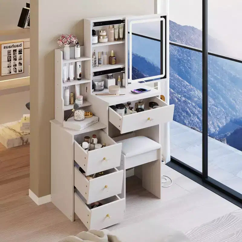 Okak 29.2IN Petite coiffeuse avec tabouret rembourré et support pour sèche-cheveux, coiffeuse avec station d'alimentation et interrupteur 3 couleurs, bureau de vanité