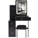 Okak 29.2IN Petite coiffeuse avec tabouret rembourré et support pour sèche-cheveux, coiffeuse avec station d'alimentation et interrupteur 3 couleurs, bureau de vanité