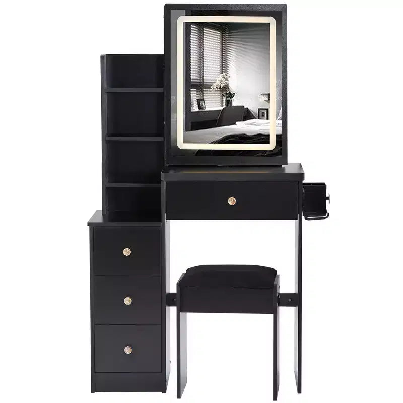 Okak 29.2IN Petite coiffeuse avec tabouret rembourré et support pour sèche-cheveux, coiffeuse avec station d'alimentation et interrupteur 3 couleurs, bureau de vanité