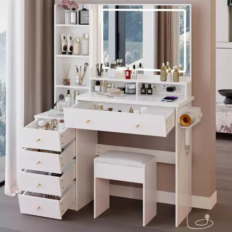 Grande coiffeuse Okak 41IN avec tabouret rembourré et support pour sèche-cheveux, coiffeuse avec station d'alimentation et interrupteur 3 couleurs, bureau de coiffeuse